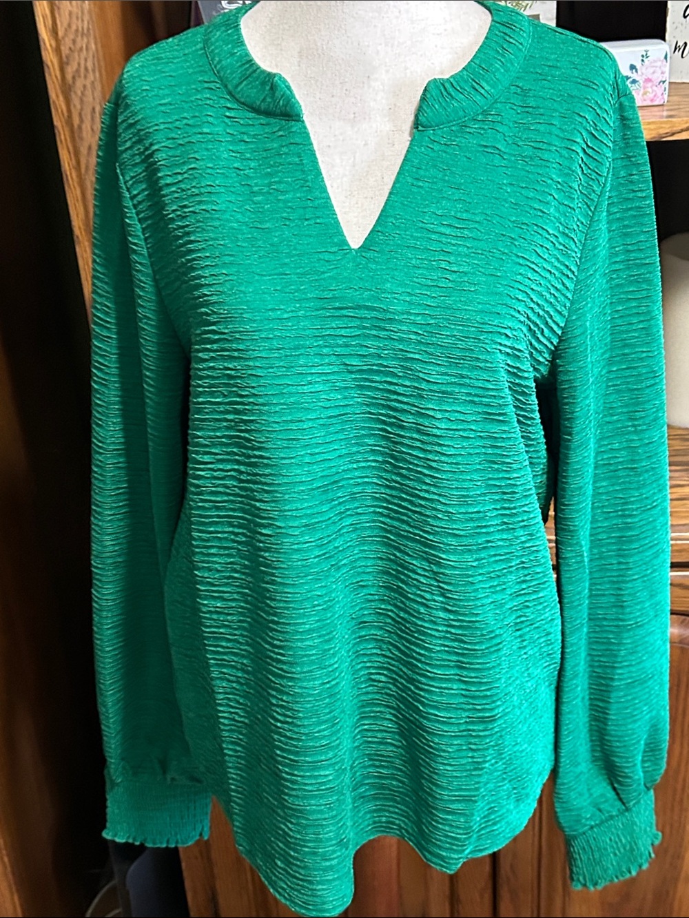Textured Green V-Neck Women's Top Medium NWOT